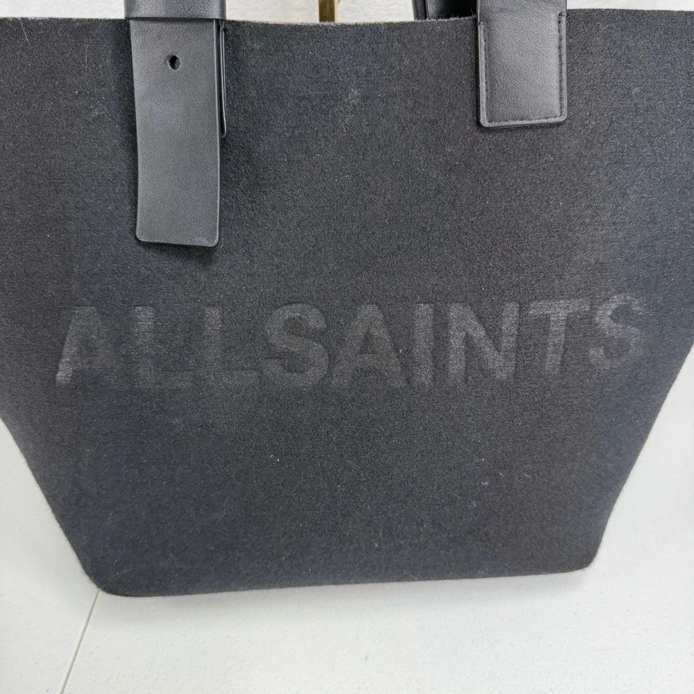 AllSaints Anik Spacious Felt Logo Tote Bag Black Leather Buckle Straps W306XB